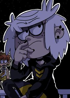 an animated character sitting on top of a bench next to a small doll in the background