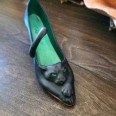 Collectible Shoe Vintage January 2001 On The Prawl, By Raine. Black Panther Cat Green Jewel Eyes This Shoe Will Come In Its Original Box With All Its Paperwork No Flaws Collectible Artistically Made Mini Shoe Made By Raine Funky Shoes Unique, Strange Shoes, Fairy Shoe, Weirdest Shoes In The World, Ugly Shoes Funny, Black Cat Shoes, Unique Animal-themed Shoes, Cat Themed Shoes, Green Glass Shoe Collectible