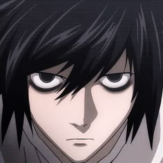 an anime character with black hair and white eyes