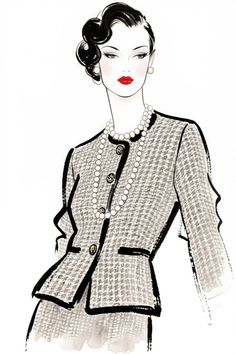 Fashion Illustration Portfolio, Chanel Drawing Sketches, Coco Chanel Illustration, Chanel Jacket, Fashion Art Illustration, Coco Chanel, Vintage Chanel, Fashion Art, Fashion Illustration