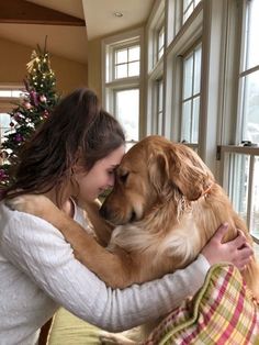 a woman is hugging her dog on the couch in front of some windows with christmas decorations
