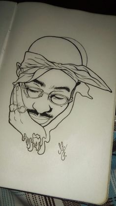 a drawing of a man with glasses and a hat on his head is shown in black ink