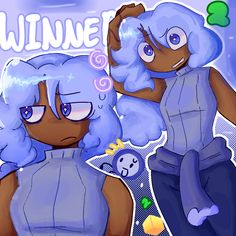 two cartoon characters one with blue hair and the other without