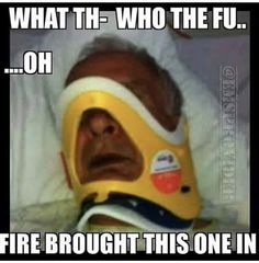 an old man wearing a yellow helmet with words on it that read, what th who the f oh fire brought this one in