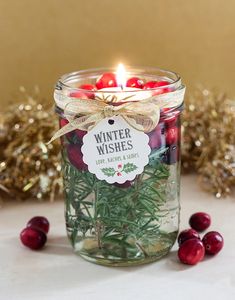 a jar filled with red berries and greenery next to a gold tinsel garland