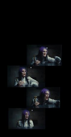 a woman with purple hair holding a bottle