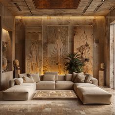 an egyptian themed living room with large couches
