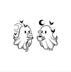 two ghost heads with bats flying around them