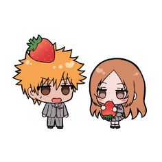 two anime characters one is holding a strawberry and the other has a flower in her hand
