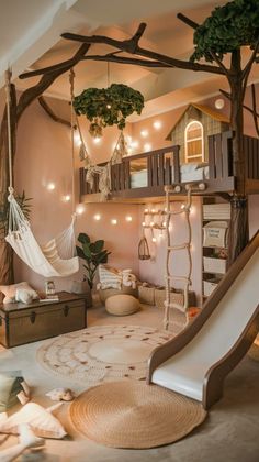 a room with a slide, hammock and other items