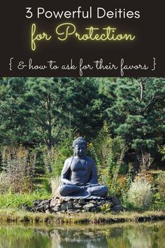 a buddha statue sitting on top of a rock next to a pond with trees in the background