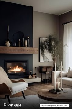 a living room filled with furniture and a fire place next to a window covered in curtains