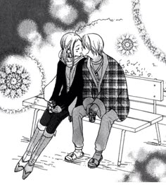 two people sitting on a bench in front of a tree with snowflakes behind them