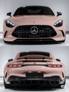 the front and back view of a pink mercedes sports car in three different angles, with its lights on