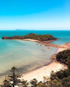 an aerial view of a beach with clear blue water and trees in the foreground