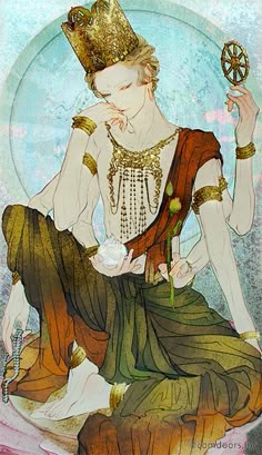 a painting of a woman with a crown on her head and holding a flower in her hand