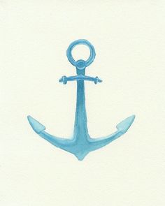 an anchor drawn in watercolor on white paper with blue ink, and the letter o