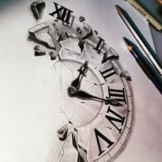 Clock Tattoo Art Style, Shattered Clock Tattoo, Shattered Clock Tattoo Design, Breaking Clock Tattoo, Cracked Clock Tattoo Design, Cracked Clock Tattoo, Cracked Clock Sketch, Broken Clock Sketch, Cracked Clock Pencil Drawing