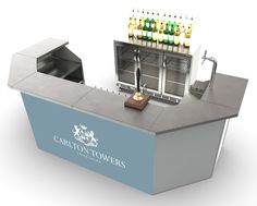 an outdoor bar with beer bottles on top