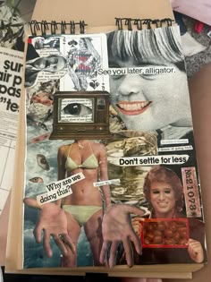 an open book with pictures and words on the front cover, in someone's hand