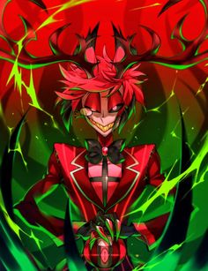 an anime character with red hair and green eyes standing in front of a bright background