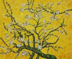 a painting of a tree with white flowers in front of a yellow background that looks like it has been painted
