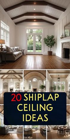 the inside of a house with white walls and wood floors, windows, and fireplace