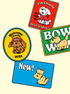 four different stickers with dogs on them are in the shape of magnets that say welcome, bow wow, new york