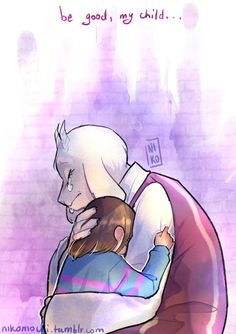 two people hugging each other in front of a brick wall with the words be good to my child