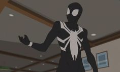 an animated spider man standing in a room