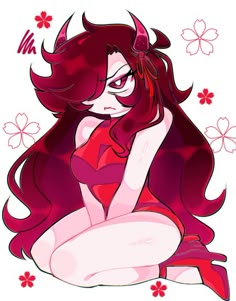 a drawing of a woman sitting on the ground with red hair and devilish makeup