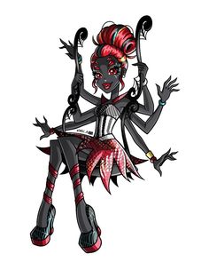 a drawing of a woman with red hair and makeup holding two swords in her hands