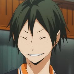 an anime character with green hair smiling