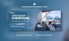 the furniture sale facebook cover is displayed on a blue background with an image of a couch