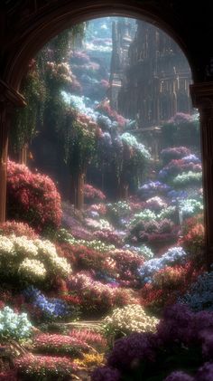 an archway leading into a garden filled with lots of purple and white flowers on the ground