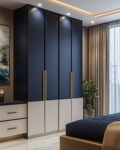 a modern bedroom with blue and white decor