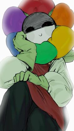 a drawing of a person with balloons on their head and hands over their face, sitting down