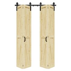 two wooden doors with black hardware on the top and bottom, one open to reveal an opening