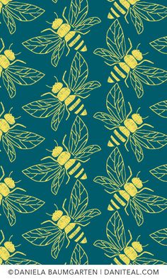 a blue and yellow bee pattern with leaves in the middle, on a green background