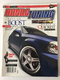 the front cover of honda tuning magazine, featuring an image of a blue sports car