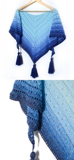 two pictures showing the same shawl with tassels on each side and one in blue