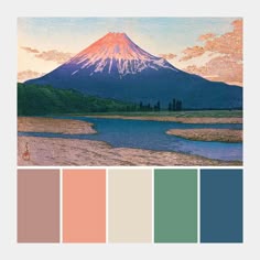 an image of a mountain that is painted in pastel tones with the color palettes below it