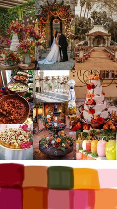 a collage of photos with different colors and food items in the middle one has a wedding cake on it