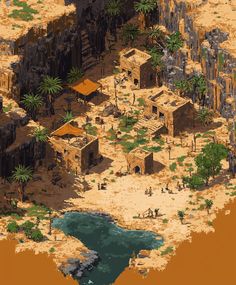 an image of a desert town with water and palm trees