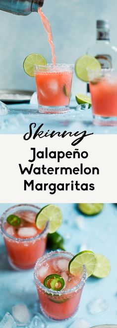 two glasses filled with watermelon margaritas sitting on top of a blue table