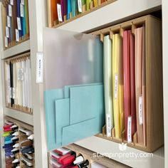 an organized file cabinet filled with files and folders, including colored binders on the shelves