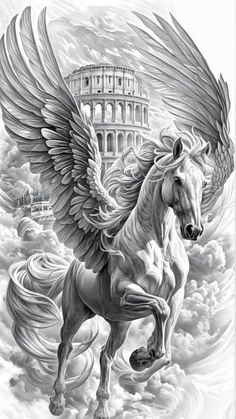 a drawing of a white horse with wings on it's back in front of the colossion