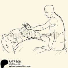 a drawing of a man getting his arm examined by a person with an oxygen tube