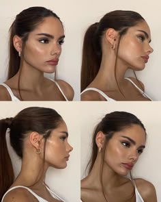 High Cheekbones From The Side, Round Face Shape With Sharp Jawline, High Cheeckbones, Prominent Chin, Hairstyles For No Jawline, Front And Side Profile, No Sideburns Women, Oval Face Side Profile, Round Forehead