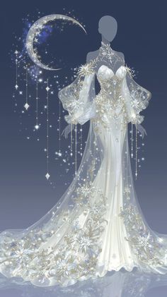 White Dress Illustration, Celestial Fantasy Gown, Anime Inspired Dress, Fashion Goddess, Celestial White, Fairy Wedding Dress Not White, Star Dress Design, Fairy Inspired Dress Gowns, Dresses Goddesses
